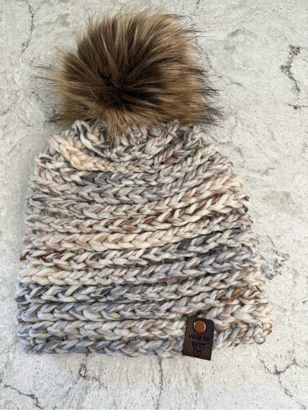 Child/Small Adult Chunky Crochet with Removal Pom Beanie in Cream, Gray & Tan